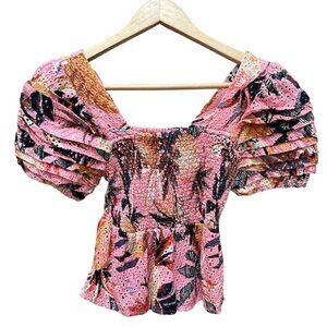 Farm Rio Top Floral‎ Print Square Neckline Smocked Short Puff Sleeve Women's XS